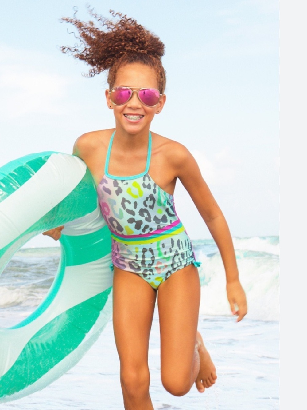 Limeapple Pastel Leopard Kids One Piece Swimsuit Size 7,8,10
